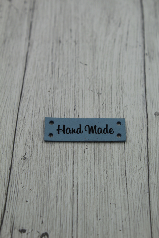 Бирка 41х14мм "Hand Made" голубая, пришивная, натур.кожа